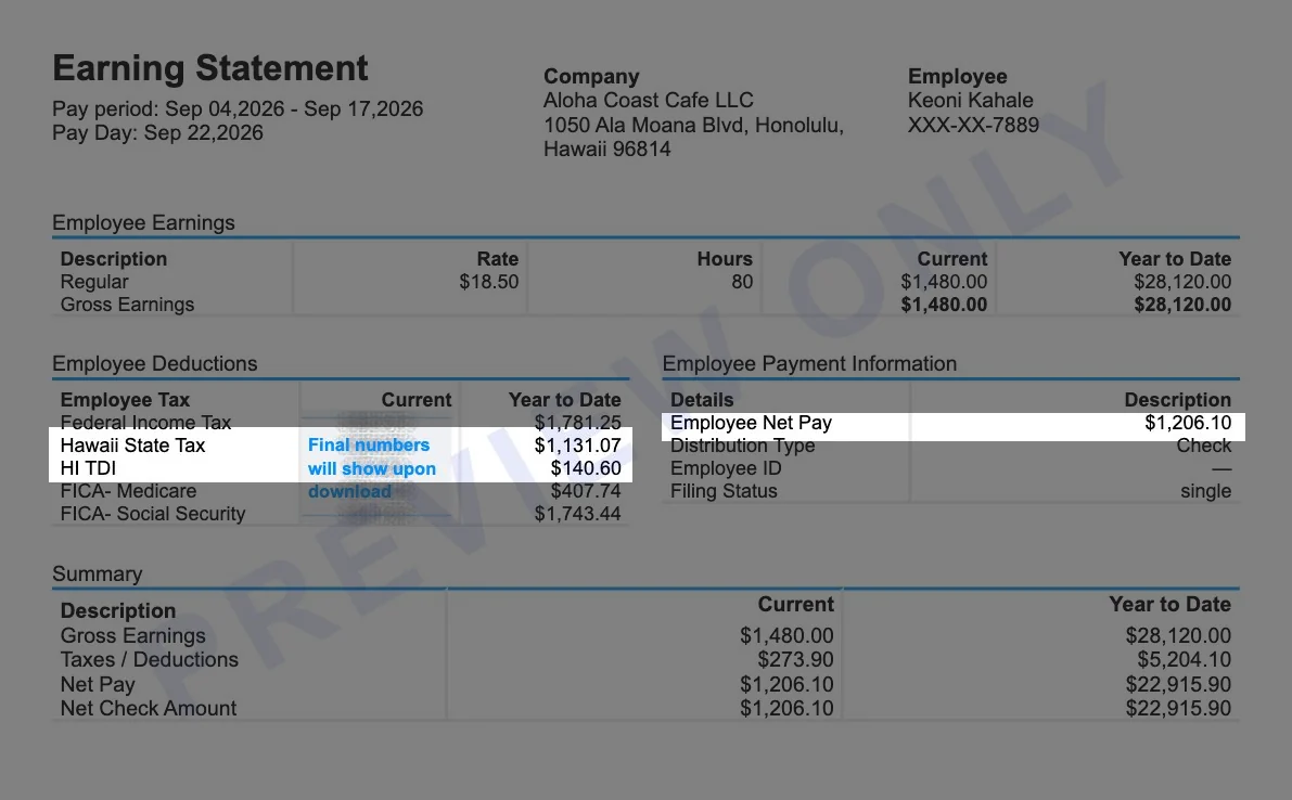 Sample Hawaii pay stub with the Hawaii state tax, HI TDI and employee net pay of $1,206.10 highlighted