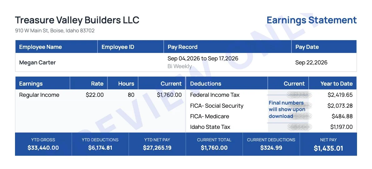 Idaho paystub generator earnings statement for a Boise employee with Idaho state tax, FICA and $1,435.01 net pay