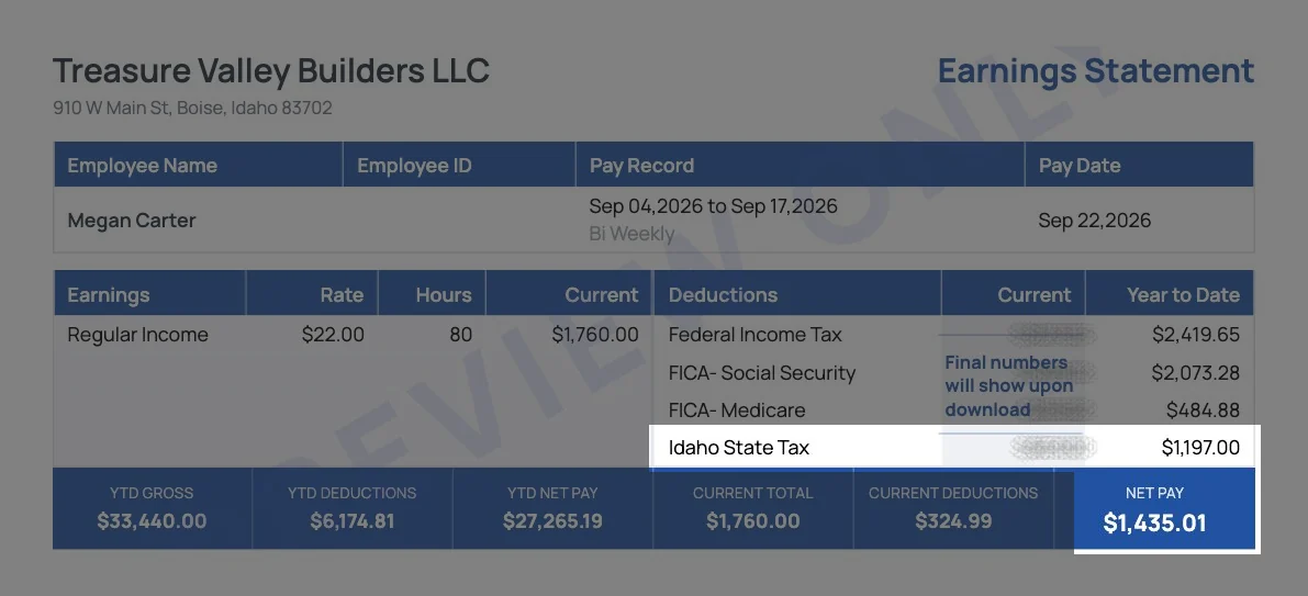 Sample Idaho pay stub with the Idaho state tax line and $1,435.01 net pay highlighted