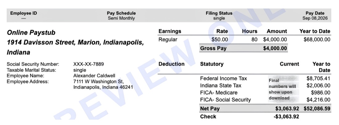 Example Indiana pay stub preview showing earnings, deductions and year-to-date totals