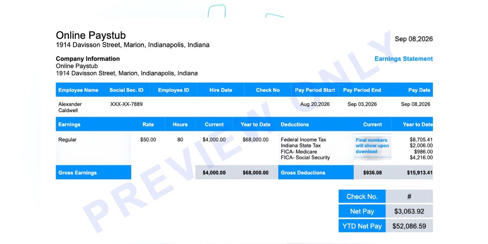 Sample Indiana paystub showing earnings, deductions and year-to-date totals