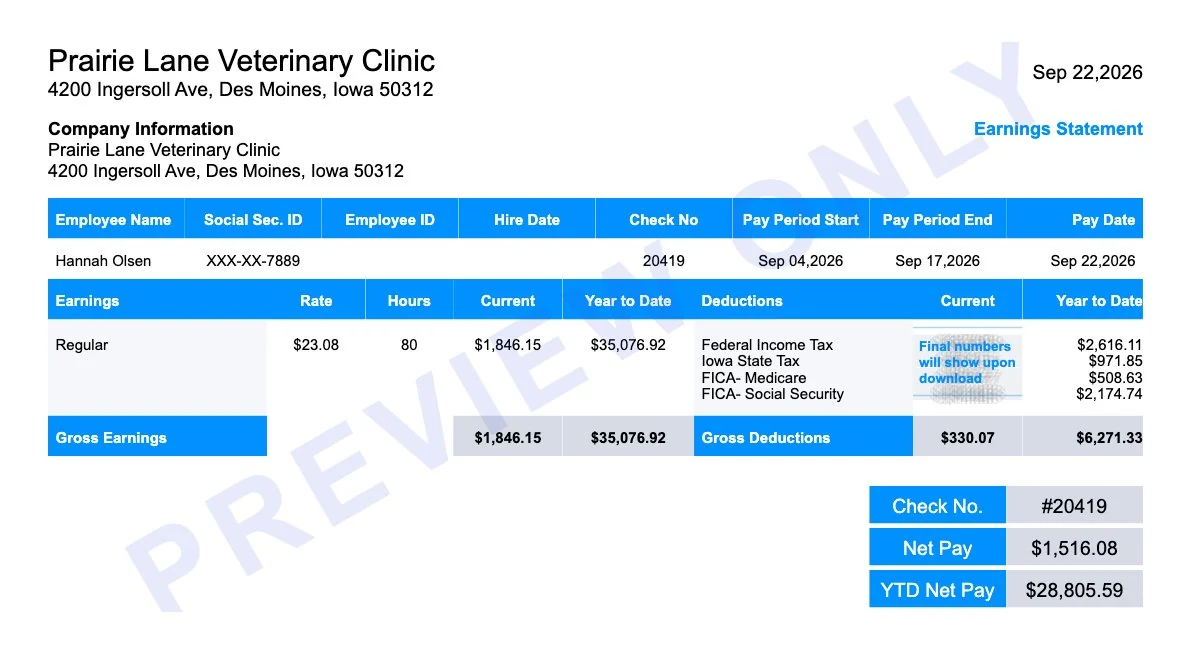 Iowa paystub generator earnings statement for a salaried Des Moines employee with Iowa state tax, FICA and $1,516.08 net pay