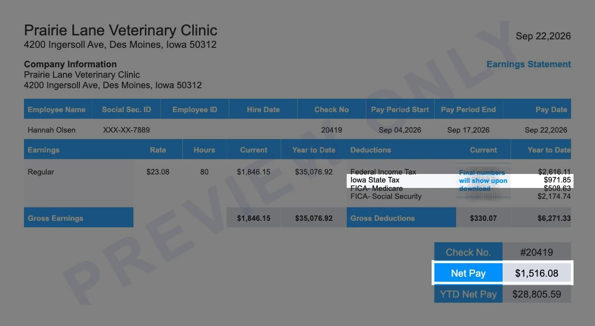 Sample Iowa pay stub for a salaried employee with the Iowa state tax line and $1,516.08 net pay highlighted