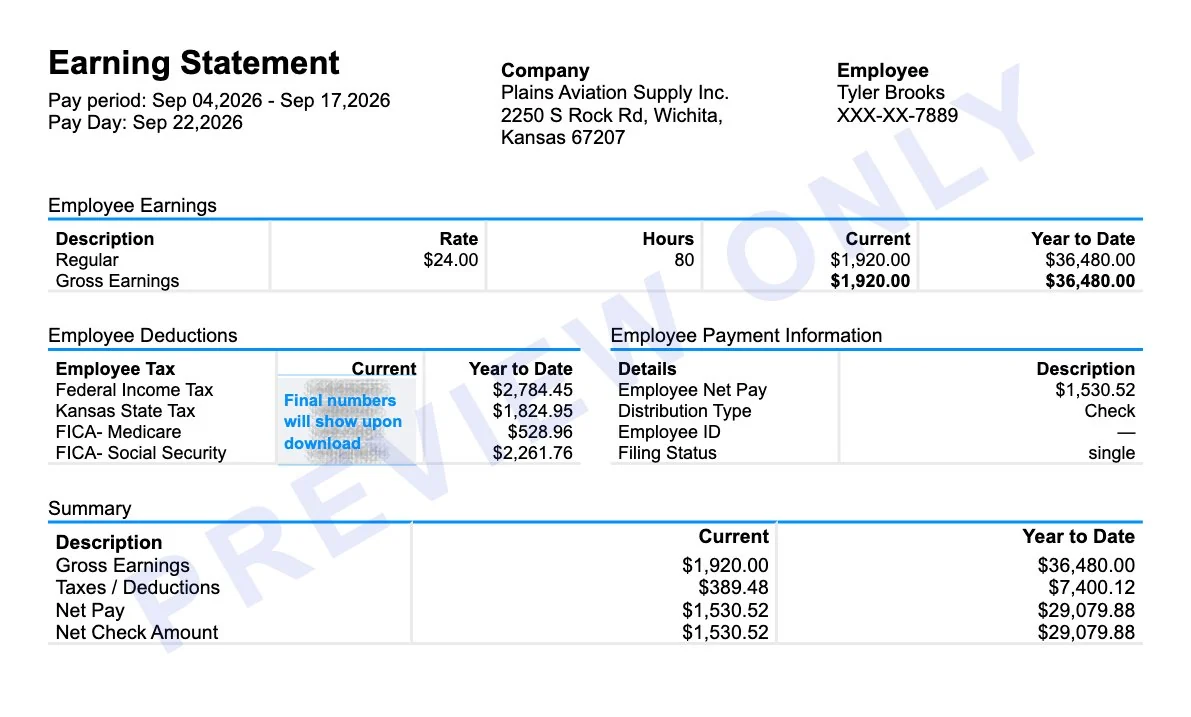 Kansas paystub generator earning statement for a Wichita employee with Kansas state tax, FICA and $1,530.52 net pay
