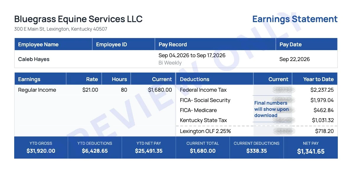 Kentucky paystub generator earnings statement for a Lexington employee with Kentucky state tax, the Lexington occupational license fee and $1,341.65 net pay