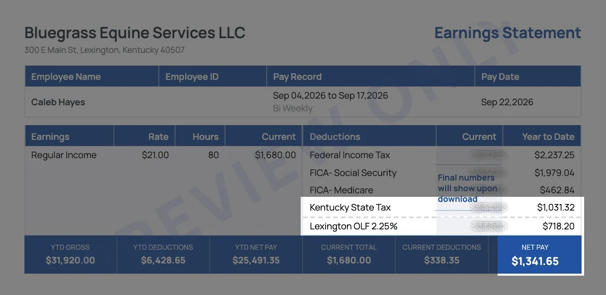 Sample Kentucky pay stub with the Kentucky state tax, the Lexington OLF 2.25% deduction and $1,341.65 net pay highlighted