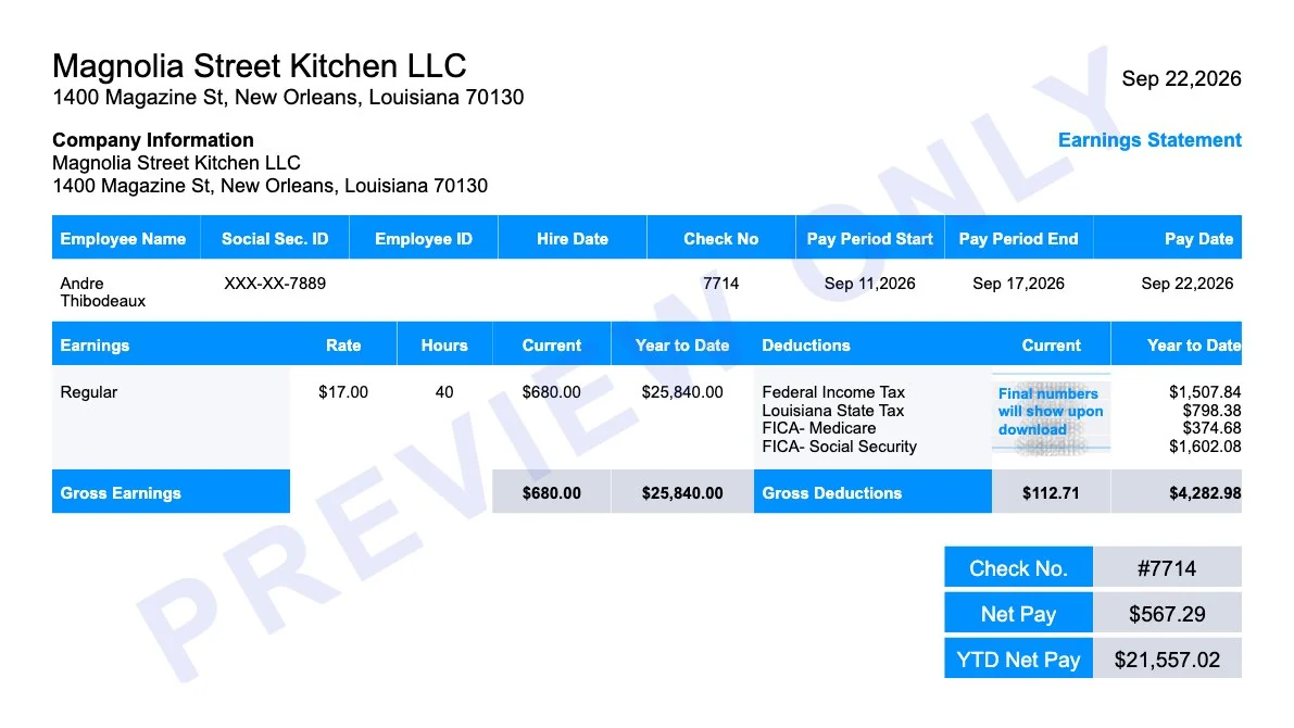 Louisiana paystub generator earnings statement for a New Orleans restaurant employee with Louisiana state tax, FICA and $567.29 net pay