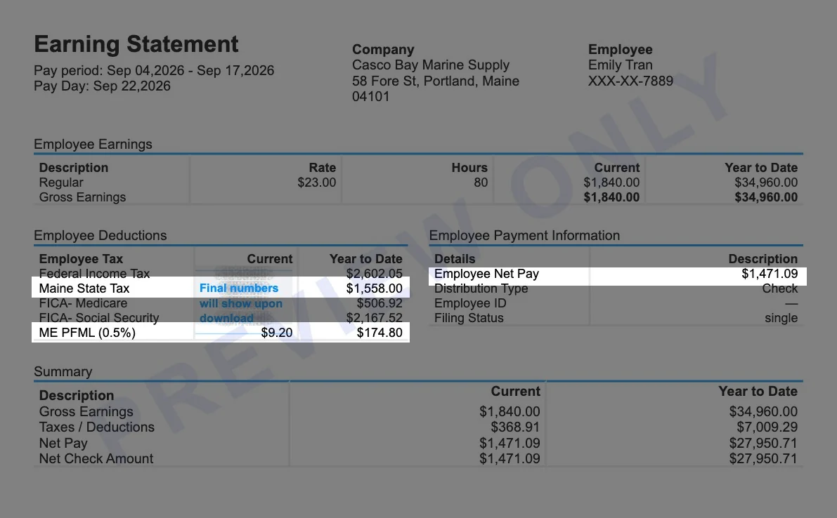 Sample Maine pay stub with the Maine state tax line, the ME PFML 0.5% deduction and employee net pay of $1,471.09 highlighted