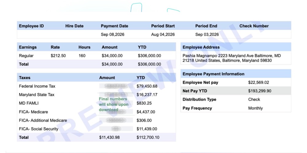 Sample Maryland payroll stub showing earnings, deductions and year-to-date totals