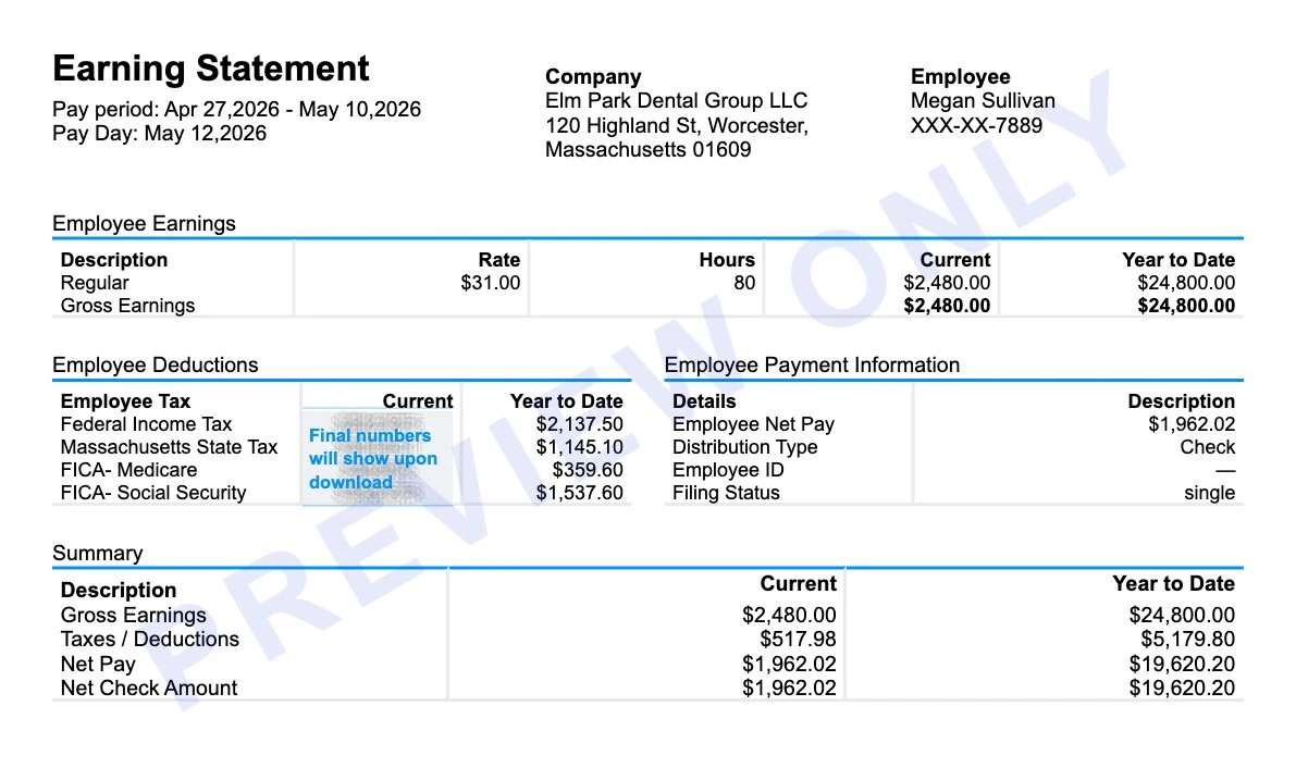 Massachusetts paystub generator earning statement for a Worcester employee with Massachusetts state tax, FICA and $1,962.02 net pay