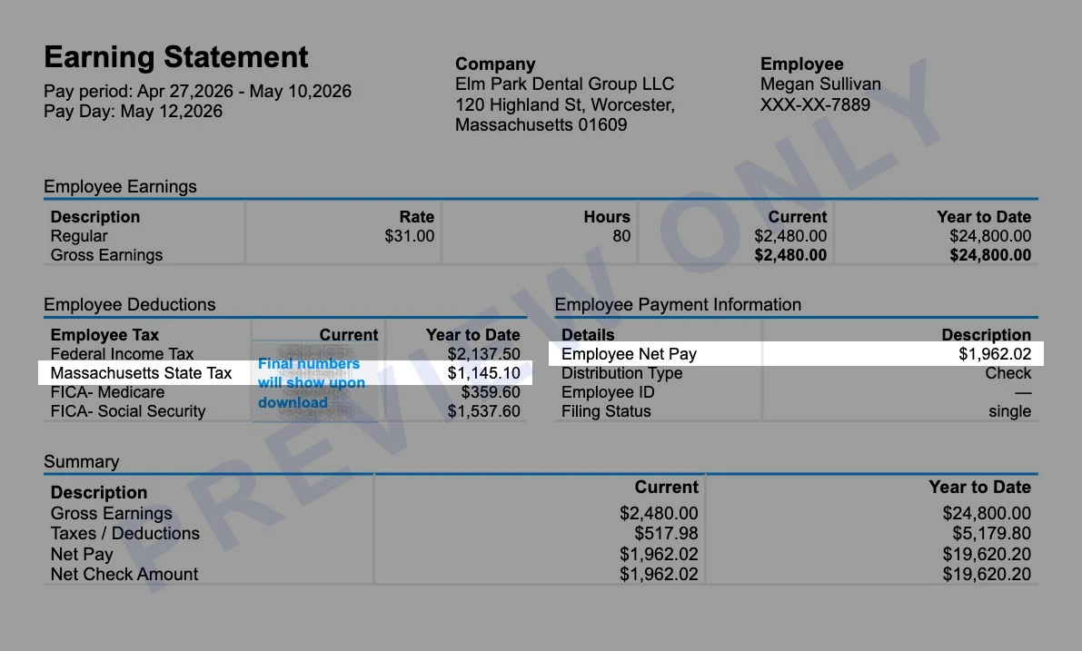 Sample Massachusetts pay stub with the Massachusetts state tax and employee net pay of $1,962.02 highlighted