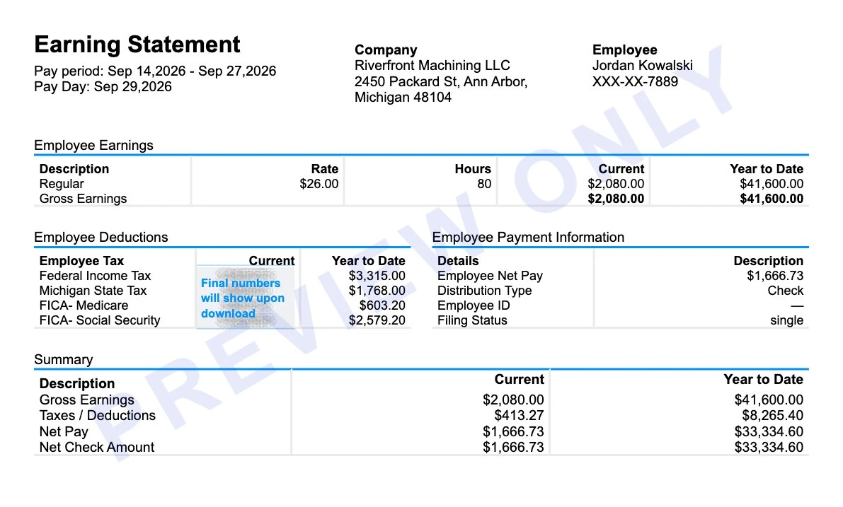 Michigan paystub generator earning statement for an Ann Arbor employee with Michigan state tax, FICA and $1,666.73 net pay