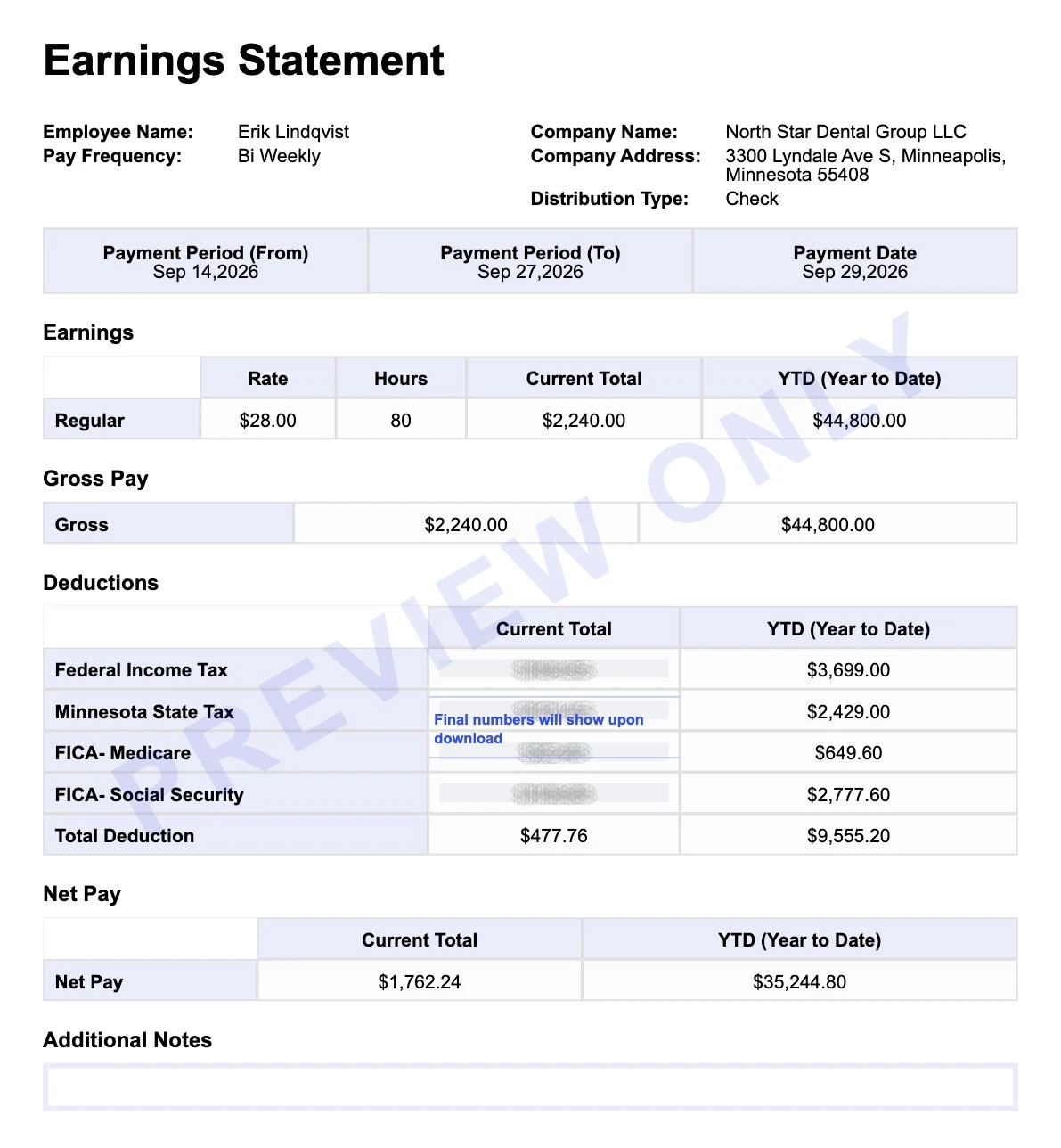 Earnings statement for a Minneapolis dental office employee showing Minnesota state tax, FICA and $1,762.24 net pay