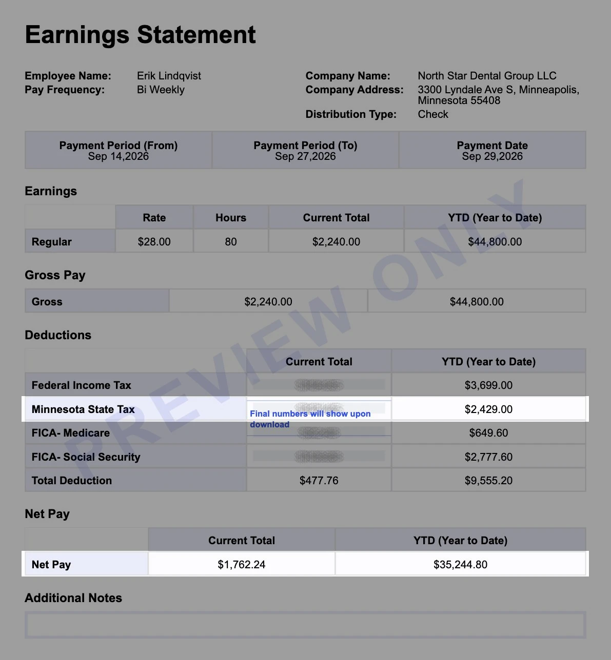 Sample biweekly earnings statement from a Minneapolis dental group with the Minnesota state tax line of $121.45 highlighted