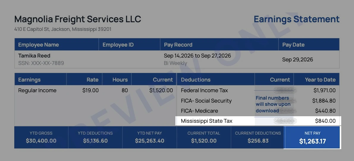 Sample biweekly earnings statement from a Jackson freight company with the Mississippi state tax line of $42.00 highlighted