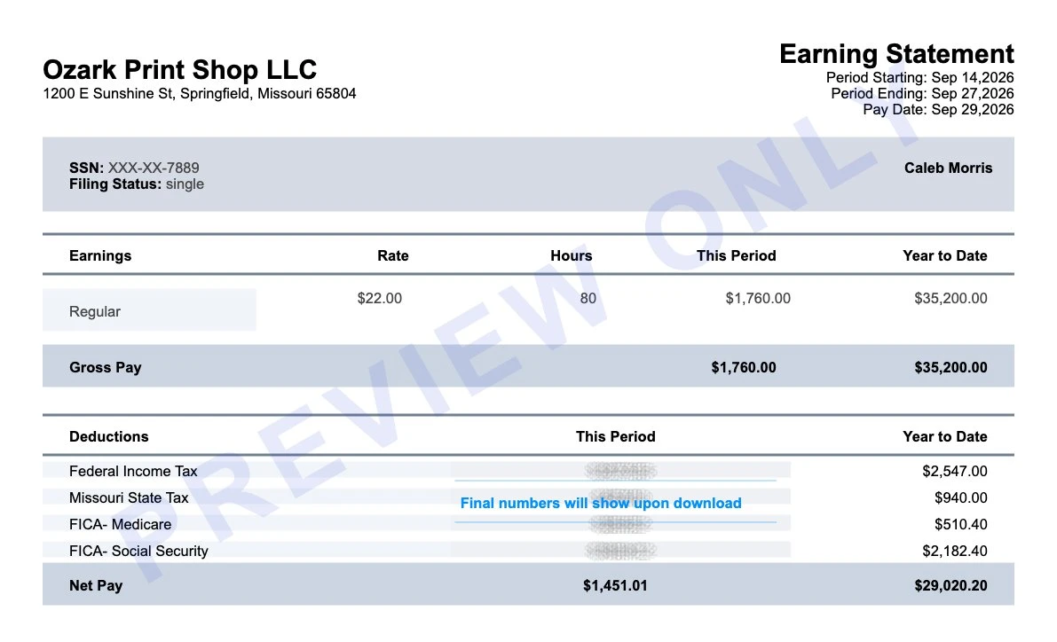 Paystub generator earning statement for a Springfield print shop employee showing federal tax, Missouri state tax, FICA and $1,451.01 net pay