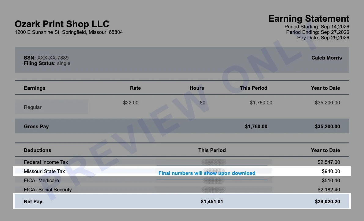Sample Springfield earning statement with the state tax line and $1,451.01 net pay highlighted