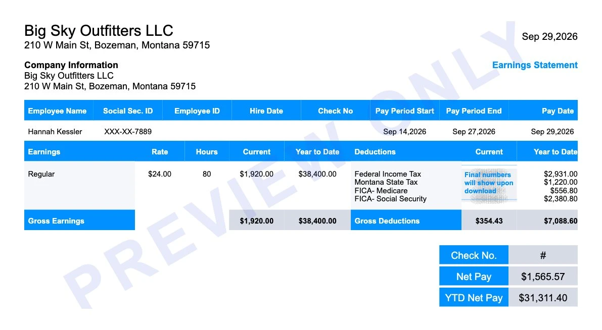 Earning statement preview for a Bozeman outfitter employee with federal tax, Montana state tax, FICA and $1,565.57 net pay