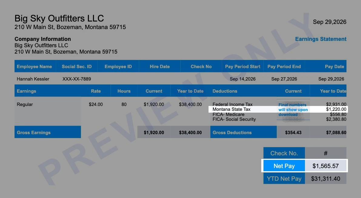 Sample Bozeman earning statement with the state tax line and $1,565.57 net pay highlighted