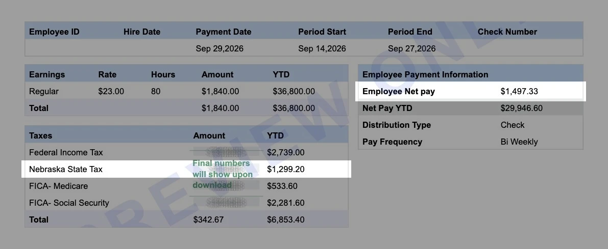 Sample Lincoln earning statement with the Nebraska state tax line highlighted and $1,497.33 net pay