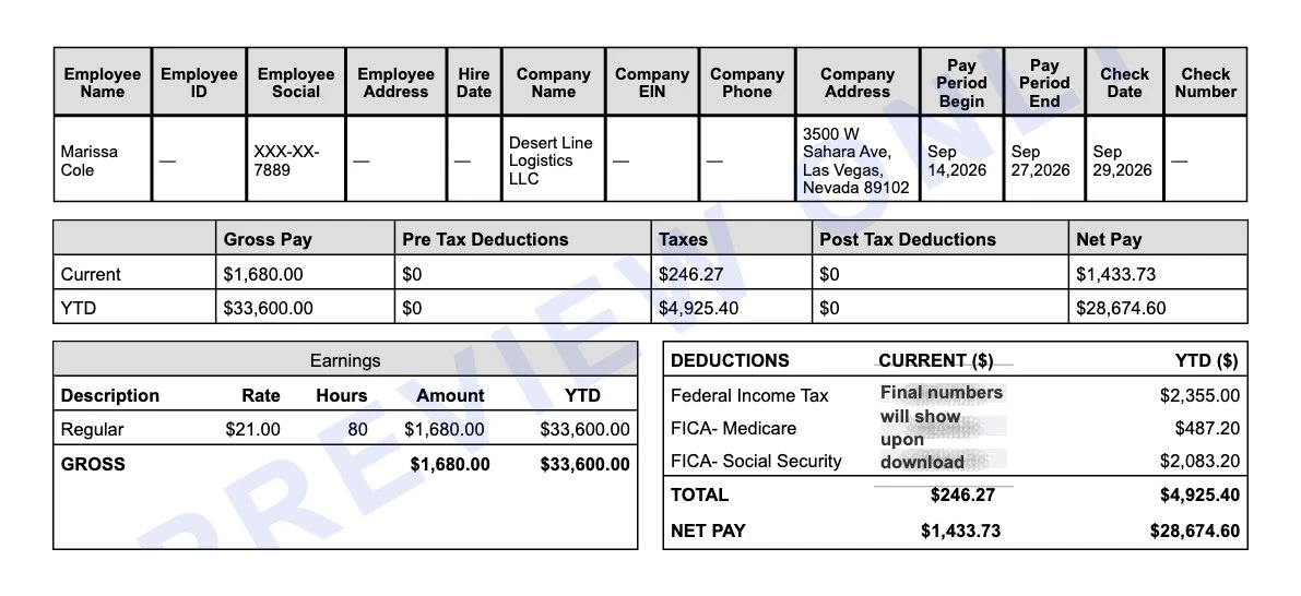 Earning statement preview for a Las Vegas logistics employee showing federal income tax, Medicare, Social Security and $1,433.73 net pay
