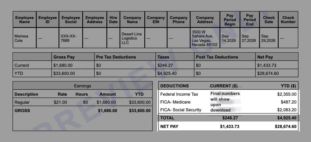 Sample Las Vegas earning statement with federal income tax, Medicare and Social Security and $1,433.73 net pay