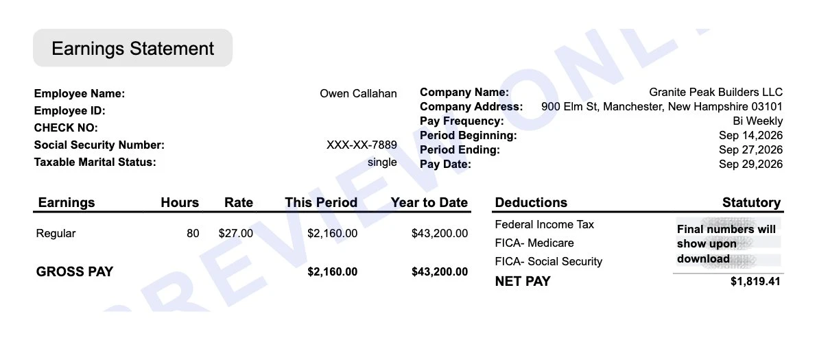 Earnings statement for a Manchester builder showing federal income tax, Medicare and Social Security with no state tax line and $1,819.41 net pay