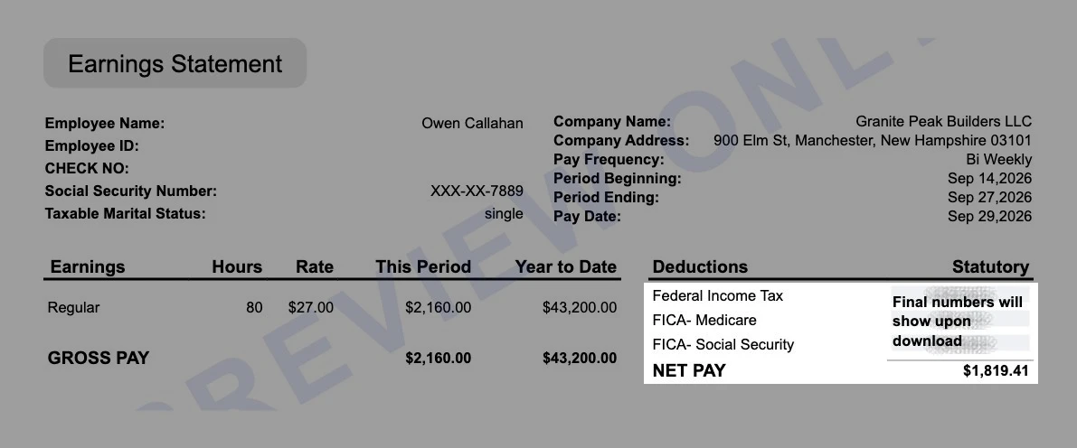 Sample biweekly earnings statement from a Manchester construction company showing federal tax, Medicare and Social Security with no state tax line