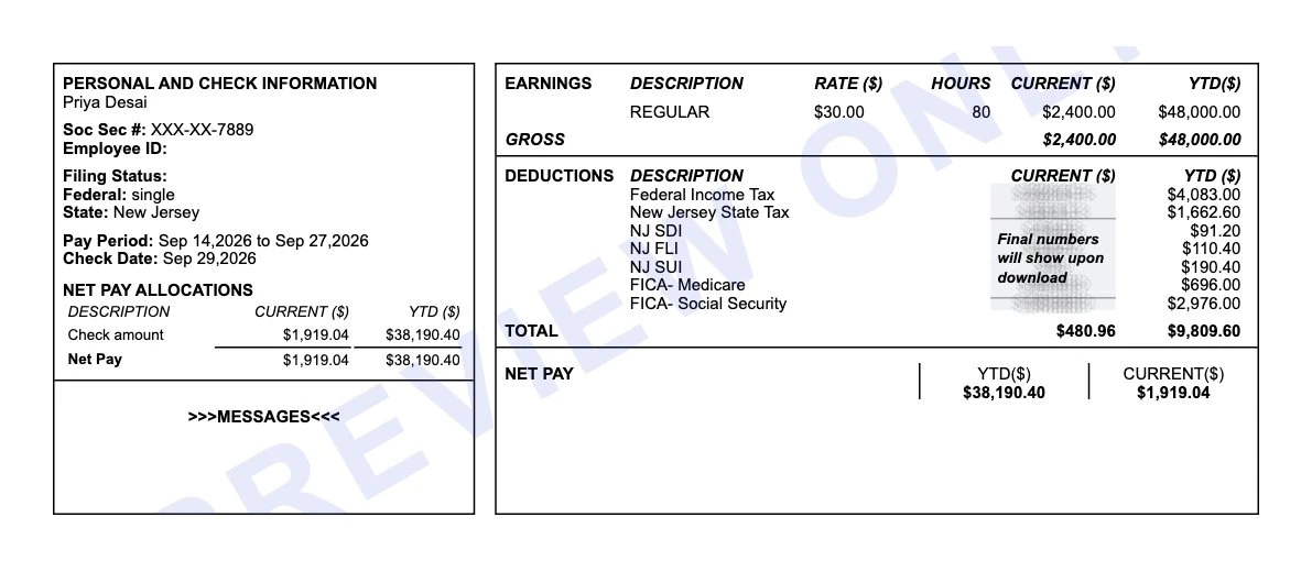 Earnings statement for a Hackensack cabinet shop employee showing New Jersey state tax, SDI, FLI, SUI and FICA with $1,919.04 net pay