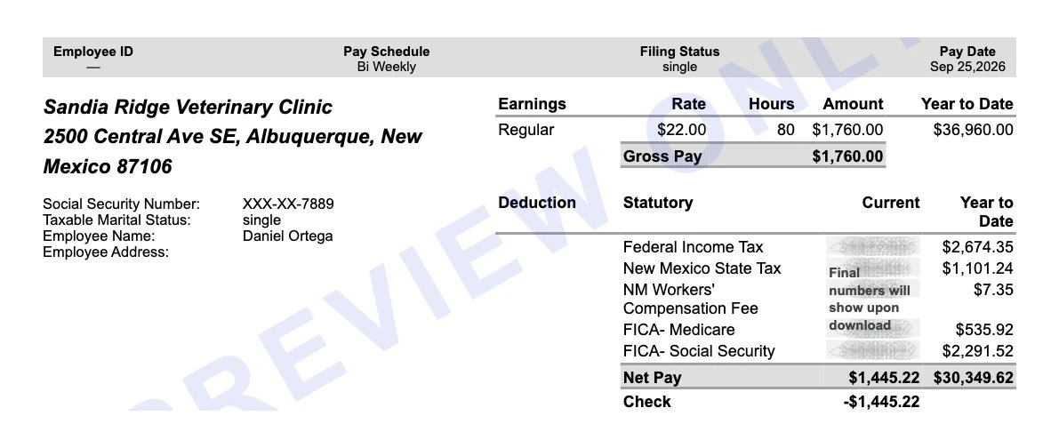 Earnings statement preview for an Albuquerque veterinary clinic employee showing federal income tax, New Mexico state tax, the NM workers' compensation fee, Medicare, Social Security and $1,445.22 net pay