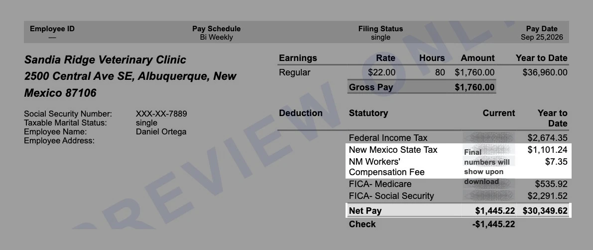 Sample New Mexico earnings statement for Sandia Ridge Veterinary Clinic with the New Mexico state tax and workers' compensation fee lines and $1,445.22 net pay highlighted