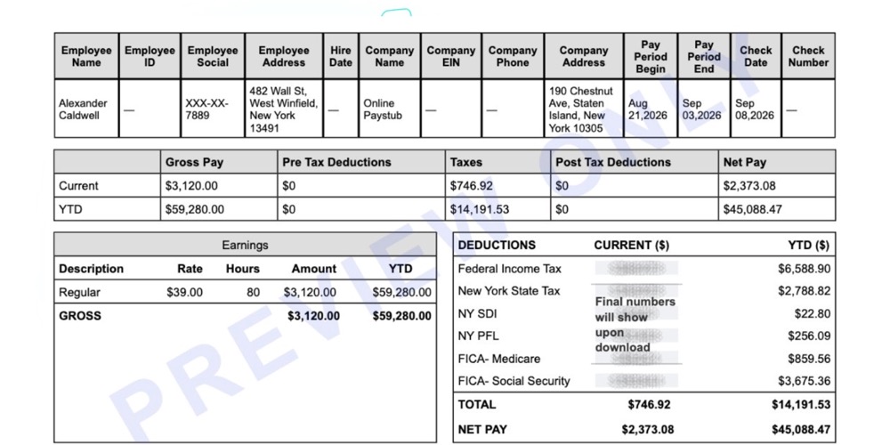 Sample New York paystub showing earnings, deductions and year-to-date totals
