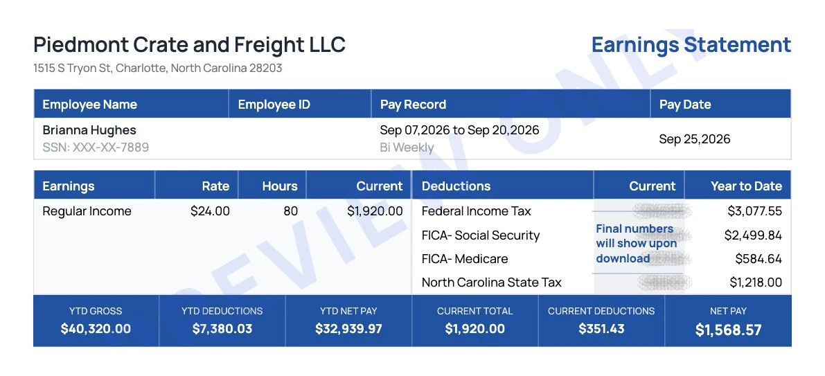 Earnings statement preview for a Charlotte freight company employee showing federal income tax, Social Security, Medicare, North Carolina state tax and $1,568.57 net pay