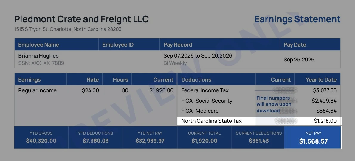 Sample North Carolina earnings statement for Piedmont Crate and Freight with the North Carolina state tax line and $1,568.57 net pay highlighted