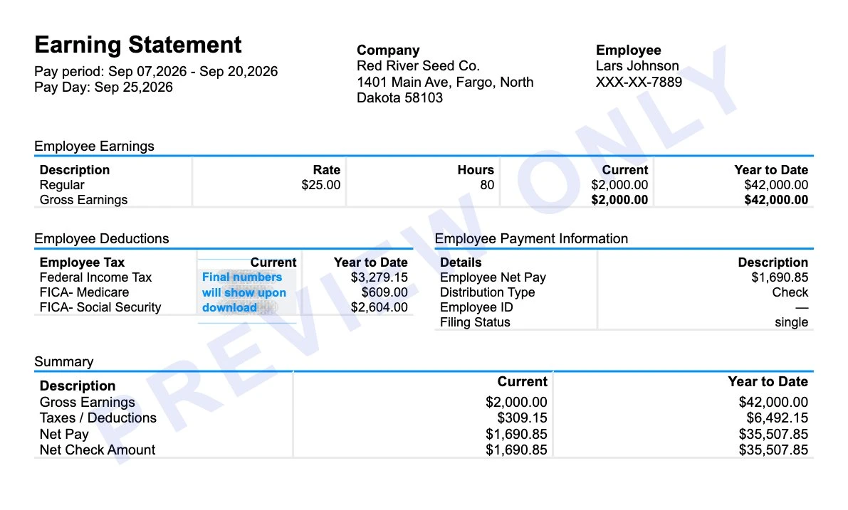 Earning statement preview for a Fargo seed company employee showing federal income tax, Medicare, Social Security and $1,690.85 net pay with no North Dakota withholding