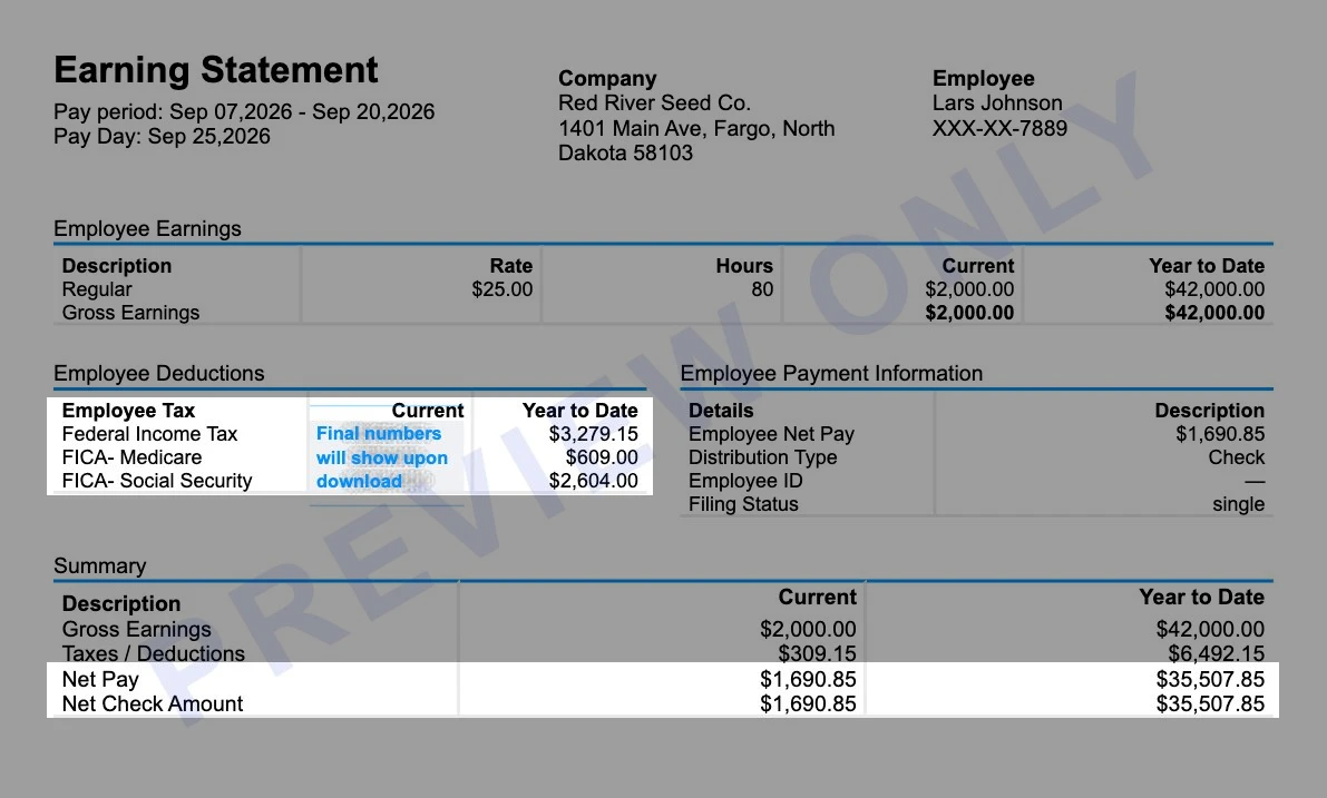 Sample North Dakota earning statement for Red River Seed Co. with the federal and FICA deductions and $1,690.85 net pay highlighted and no state tax line