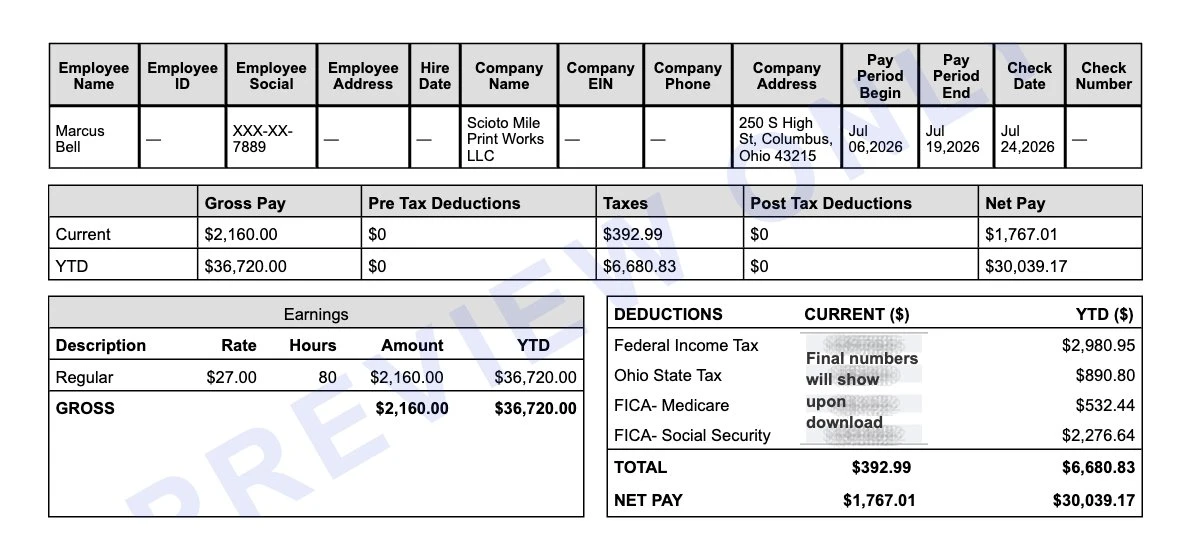 Earnings statement preview for a Columbus print shop employee showing federal income tax, Ohio state tax, Medicare, Social Security and $1,767.01 net pay