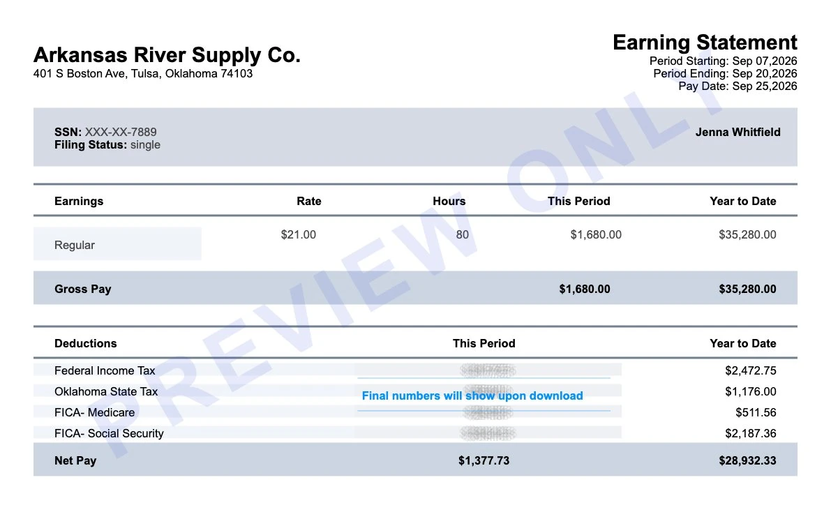 Earning statement preview for a Tulsa supply company employee showing federal income tax, Oklahoma state tax, Medicare, Social Security and $1,377.73 net pay