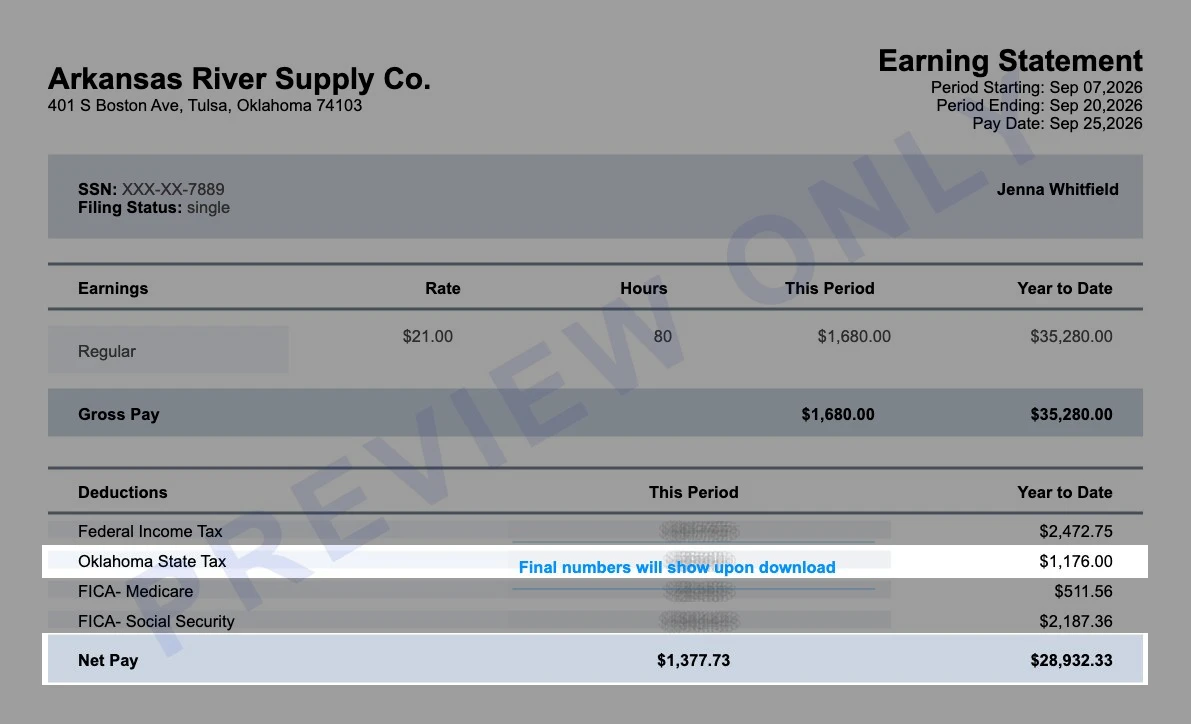 Sample Oklahoma earning statement for Arkansas River Supply Co. with the Oklahoma state tax line and $1,377.73 net pay highlighted