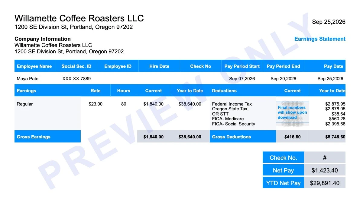 Earnings statement preview for a Portland coffee roaster employee showing federal income tax, Oregon state tax, the OR STT transit tax, Medicare, Social Security and $1,423.40 net pay