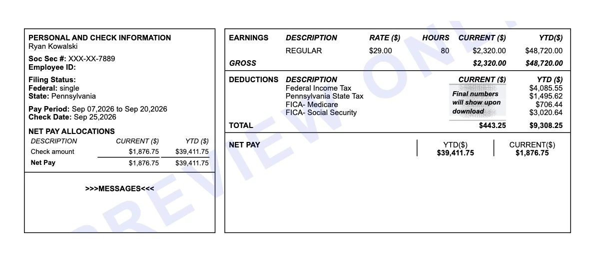 Earnings statement preview for a Pittsburgh machine shop employee showing federal income tax, Pennsylvania state tax, Medicare, Social Security and $1,876.75 net pay