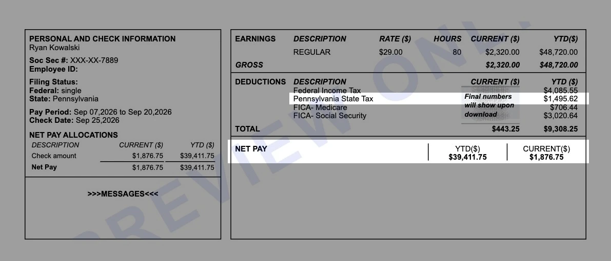 Sample Pennsylvania earnings statement for Three Rivers Machine Works with the Pennsylvania state tax line and $1,876.75 net pay highlighted