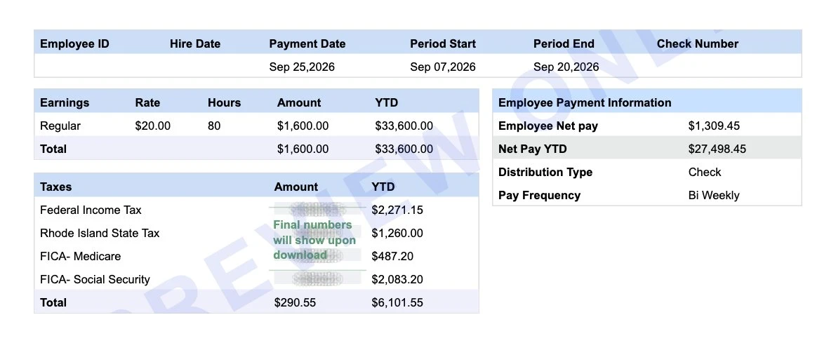 Earnings statement preview for a Providence bakery employee showing federal income tax, Rhode Island state tax, Medicare, Social Security and $1,309.45 net pay