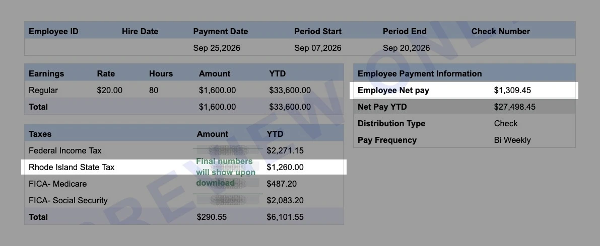 Sample Rhode Island earnings statement for Narragansett Bay Bakery with the Rhode Island state tax line and $1,309.45 net pay highlighted