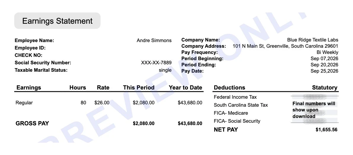 Earnings statement preview for a Greenville textile lab employee showing federal income tax, South Carolina state tax, Medicare, Social Security and $1,655.56 net pay