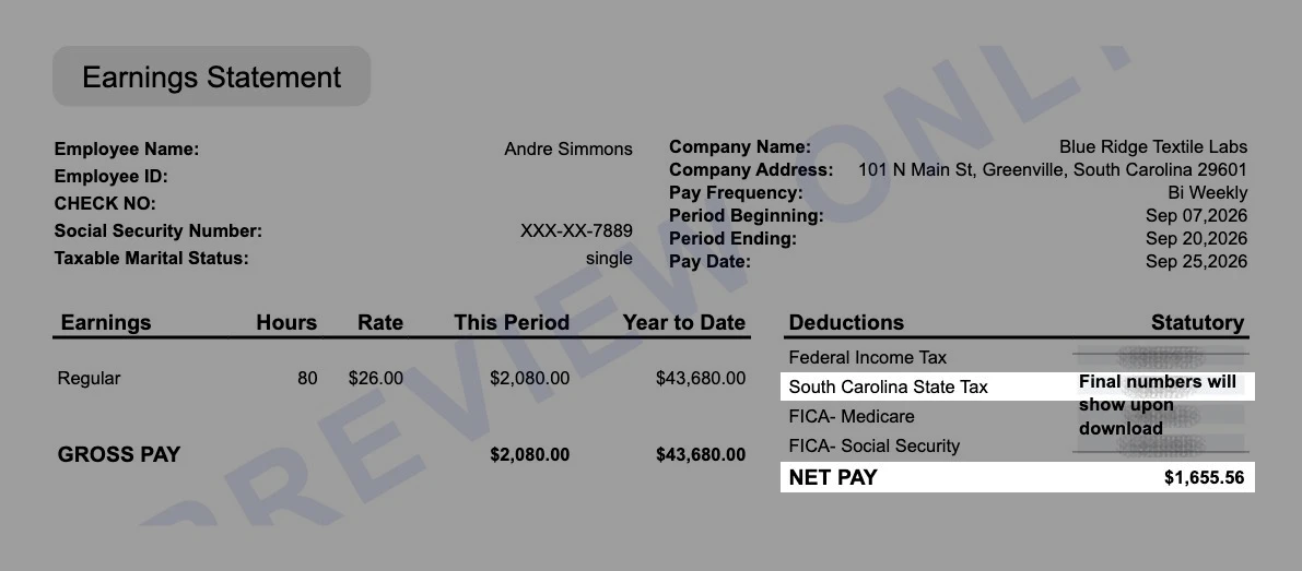 Sample South Carolina earnings statement for Blue Ridge Textile Labs with the South Carolina state tax line and $1,655.56 net pay highlighted