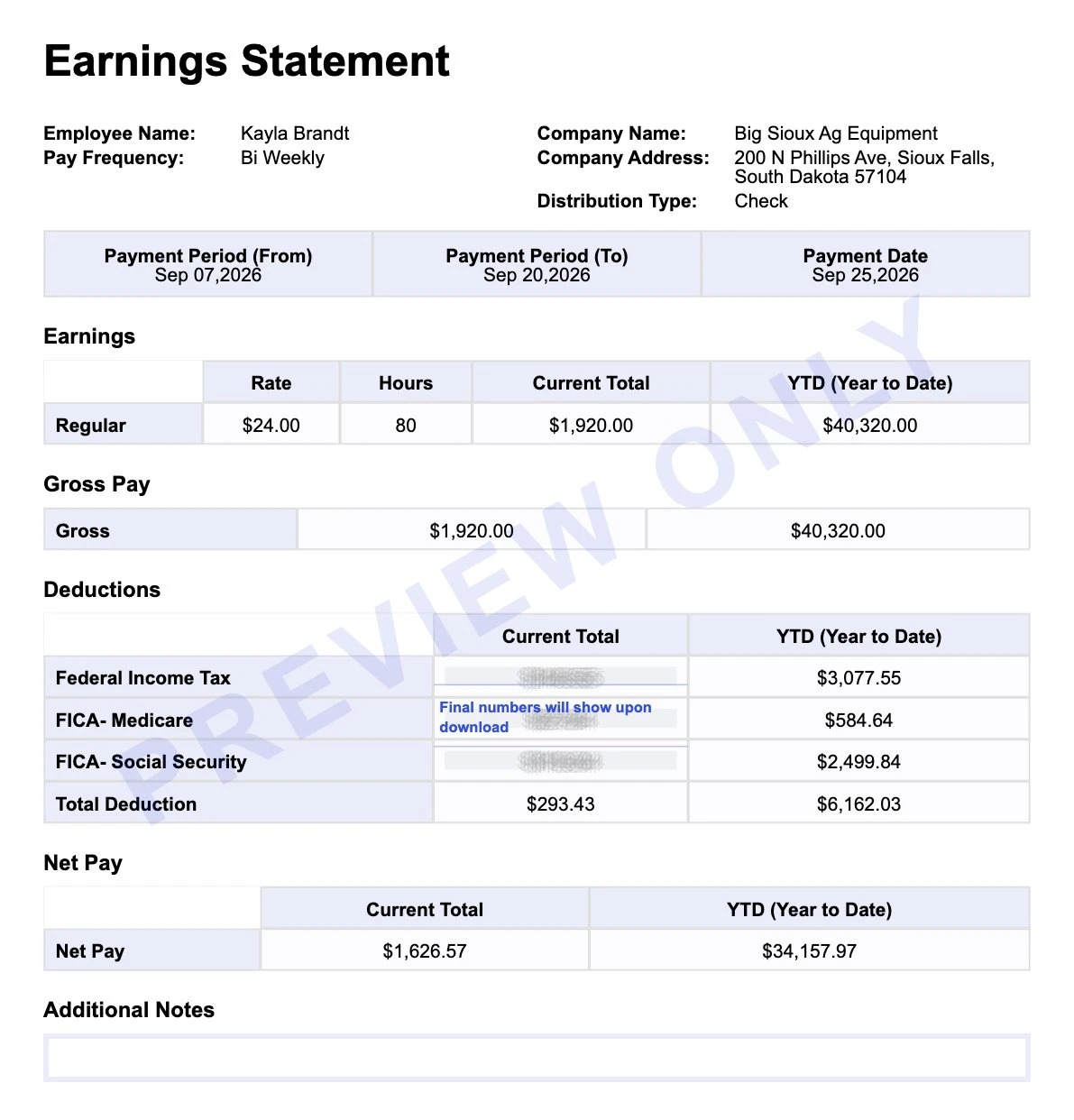 Earnings statement preview for a Sioux Falls equipment dealer employee showing federal income tax, Medicare, Social Security and $1,626.57 net pay