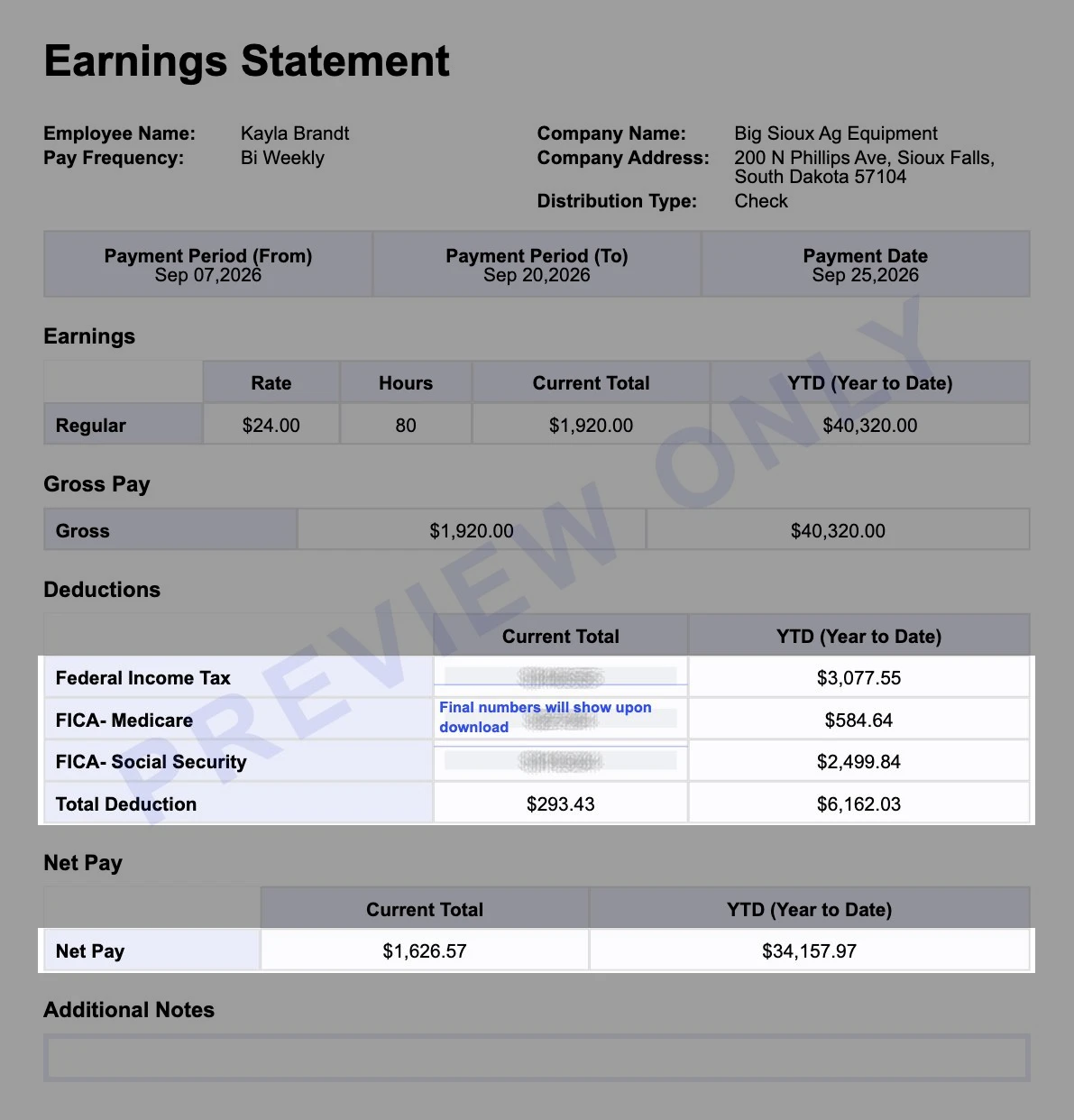 Sample South Dakota earnings statement for Big Sioux Ag Equipment with federal income tax, Medicare and Social Security highlighted and $1,626.57 net pay